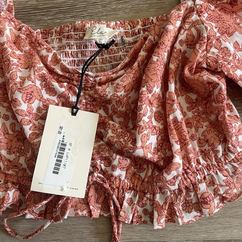Elan Puff Sleeve Crop Top Medium Salmon Cinched Smocking Tie Front Blouse NWT - Picture 5 of 10